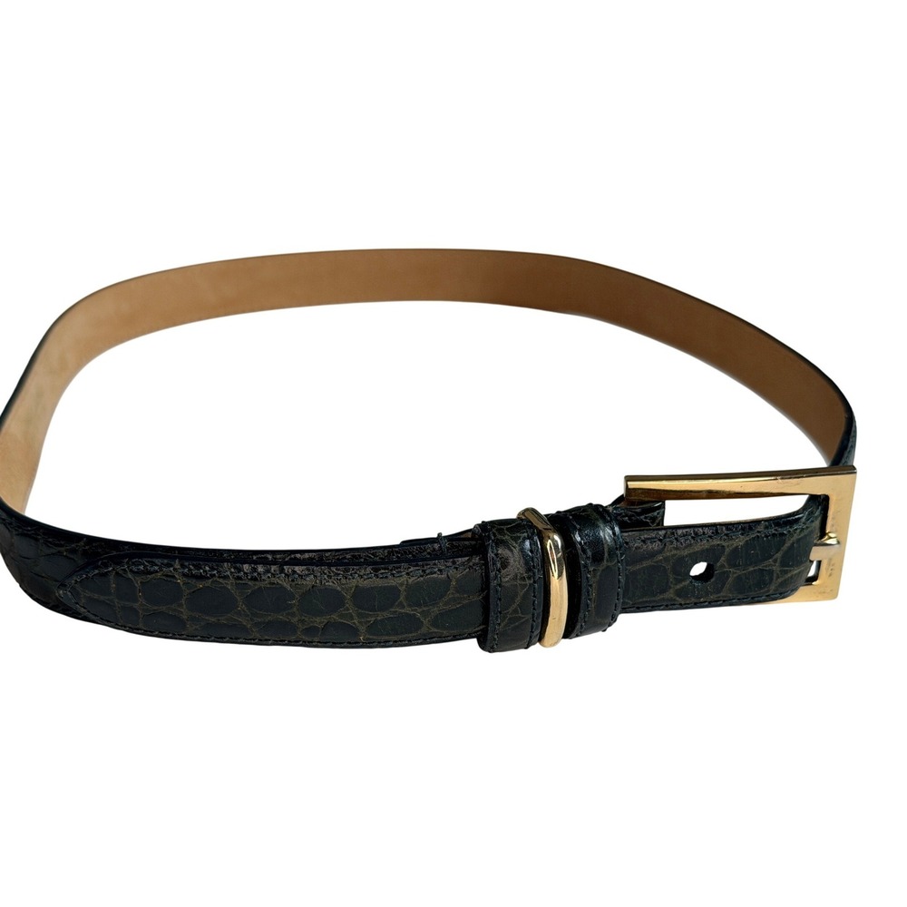 Worth NY Italian Calfskin Leather Belt Green Crocodile Embossed Gold Buckle S